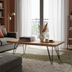 Τραπέζι σαλονιού Rich haroma μασίφ ξύλο 4εκ φυσικό-πόδι μαύρο 130x69x46εκ