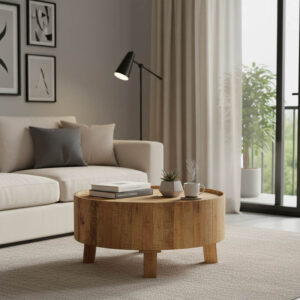 Τραπέζι σαλονιού με αποθηκευτικό χώρο Darian haroma μασίφ ξύλο mango φυσικό Φ90x45εκ