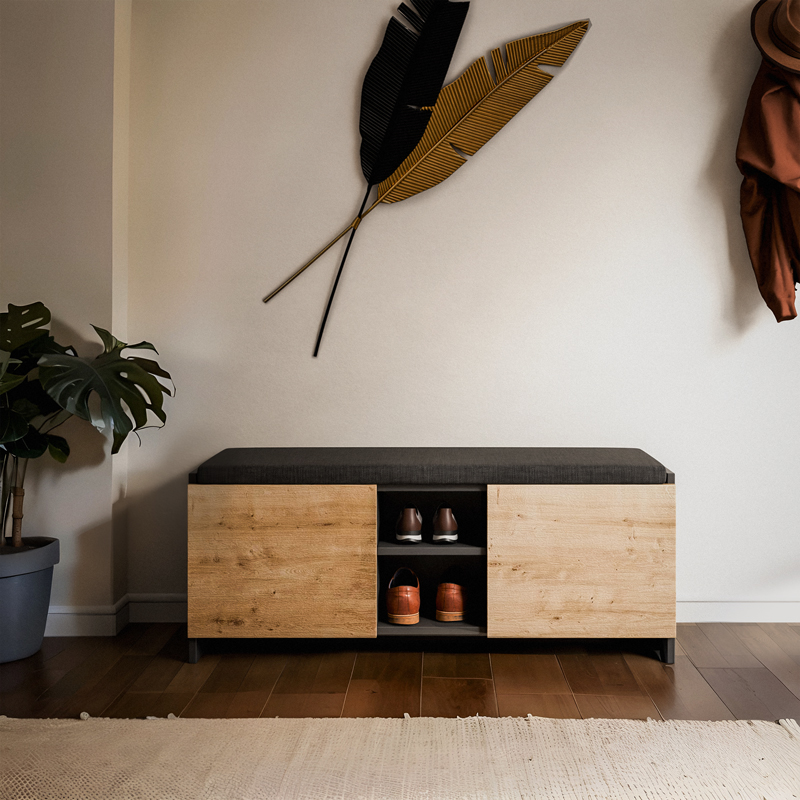 Έπιπλο εισόδου σκαμπό-παπουτσοθήκη Zulla pakoworld μελαμίνη σε ανθρακί-oak απόχρωση 110x37x43εκ Έπιπλο εισόδου σκαμπό-παπουτσοθήκη Zulla pakoworld μελαμίνη σε ανθρακί-oak απόχρωση 110x37x43εκ - Image 2