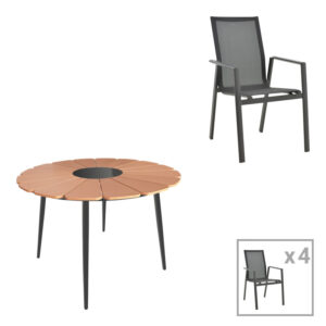 Τραπεζαρία Pinap-Dashiell σετ 5τεμ haroma μαύρο αλουμίνιο και plywood σε φυσική απόχρωση Φ110x74εκ