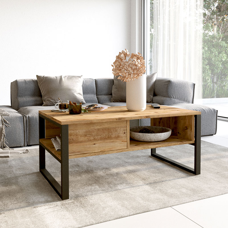 Τραπέζι σαλονιού Honora pakoworld oak-μαύρο 100x60x44,5εκ 5εκ