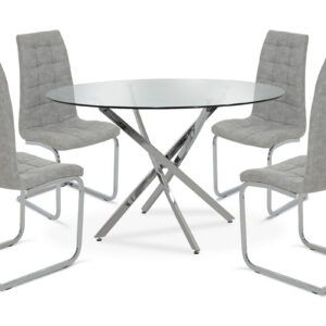 Τραπεζαρία Steve haroma σετ 5τμχ διάφανο γυαλί-κάθισμα antique γκρι pu Φ120x74,5εκ