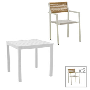 Τραπεζαρία Savor-Kliton σετ 3τεμ haroma λευκό αλουμίνιο και rattan σε φυσικό χρώμα 80x80x74εκ