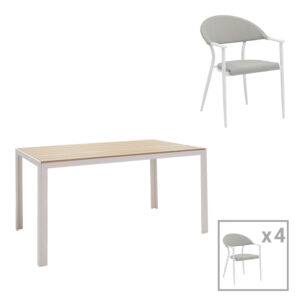 Τραπεζαρία Nares-Pino A σετ 5τεμ haroma λευκό αλουμίνιο και plywood σε φυσική απόχρωση 140x80x72.5εκ