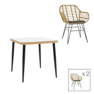 Τραπεζαρία Naoki V σετ 3τεμ haroma rattan pe σε φυσική απόχρωση και μαύρο μέταλλο 80x80x78εκ