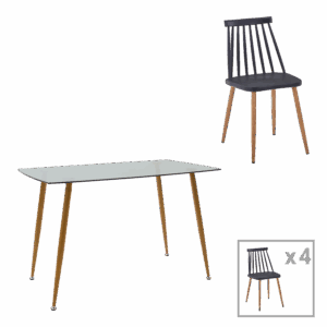 Τραπεζαρία Chloe-Aurora I haroma σετ 5τεμ γυάλινο 8χιλ ανθρακί - πόδι φυσικό-μαυρη απόχρωση 120x70x75εκ