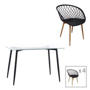 Τραπεζαρία Quana-Ezra haroma σετ 5τεμ γυάλινο 8χιλ διάφανο - μαύρο πόδι 120x70x75εκ