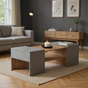 Τραπέζι σαλονιού Morfi haroma πολυμορφικό 3τεμ σε oak-μπεζ μαρμάρου απόχρωση 105x45x37εκ