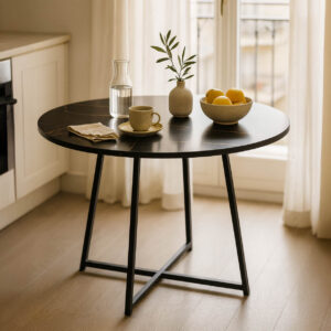 Τραπέζι Sarah Ι haroma σε μαύρο μαρμάρου απόχρωση με μαύρα μεταλλικά πόδια Φ100x76εκ