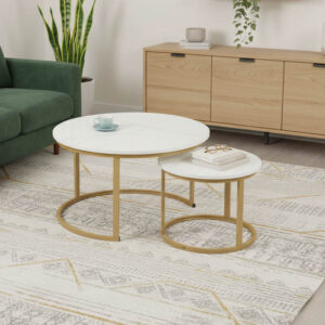 Τραπέζια σαλονιού Solme I haroma 2τεμ σε λευκή μαρμάρου απόχρωση με χρυσά μεταλλικά πόδια