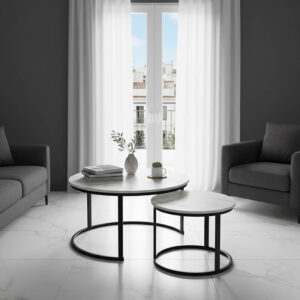 Τραπέζια σαλονιού Solme I haroma 2τεμ σε λευκή μαρμάρου απόχρωση με μαύρα μεταλλικά πόδια