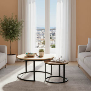 Τραπέζια σαλονιού Solme I haroma 2τεμ σε oak απόχρωση με μαύρα μεταλλικά πόδια