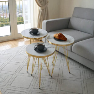 Βοηθητικά τραπέζια Wakmi pakoworld σετ 3τεμ λευκό μπεζ μαρμάρου μελαμίνης-χρυσό μέταλλο