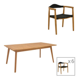 Τραπεζαρία 7 τεμ. Ganny-Pino haroma teak ξύλο σε φυσική - μαυρη απόχρωση 180/240x100x75εκ