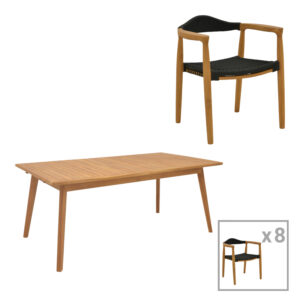 Τραπεζαρία 9 τεμ. Ganny-Pino haroma teak ξύλο σε φυσική - μαυρη απόχρωση 180/240x100x75εκ