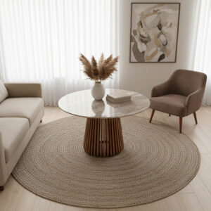 Τραπέζι Mable haroma μασίφ ξύλο ακακίας σε φυσική απόχρωση και επιφάνεια μαρμάρου Φ120x76εκ