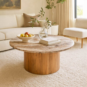 Τραπέζι σαλονιού Sergy haroma μασίφ ξύλο ακακίας σε φυσική απόχρωση με επιφάνεια μαρμάρου Φ90x40εκ