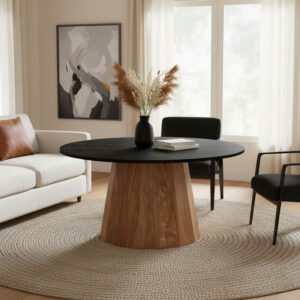 Τραπέζι σαλονιού Ezerdian haroma μασίφ ξύλο ακακίας σε φυσική απόχρωση με επιφάνεια μαύρου μαρμάρου Φ90x45εκ