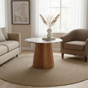 Τραπέζι Ezerdian haroma μασίφ ξύλο ακακίας σε φυσική απόχρωση με επιφάνεια μαρμάρου Φ120x76εκ