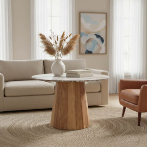 Τραπέζι Ezerdian haroma μασίφ ξύλο ακακίας σε φυσική απόχρωση με επιφάνεια μαρμάρου Φ150x76εκ