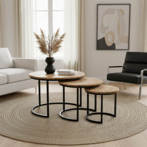 Τραπέζι σαλονιού Frina haroma σετ 3τεμ μασίφ mango ξύλο σε φυσική απόχρωση με πόδι μαύρο μέταλλο