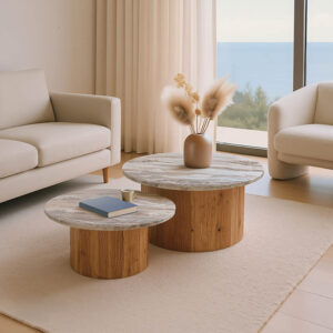 Τραπέζι σαλονιού Sergy haroma σετ 2 τμχ μασίφ ξύλο ακακίας σε φυσική απόχρωση με επιφάνεια μαρμάρου