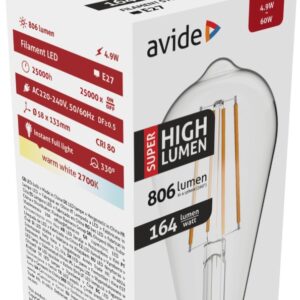 Avide LED Filament ST58 4.9W E27 Θερμό 2700K Super Υψηλής Φωτεινότητας