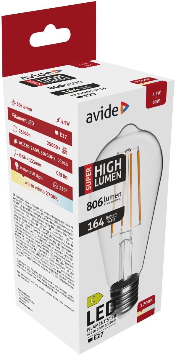 Avide LED Filament ST58 4.9W E27 Θερμό 2700K Super Υψηλής Φωτεινότητας Avide LED Filament ST58 4.9W E27 Θερμό 2700K Super Υψηλής Φωτεινότητας