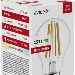 Avide LED Filament Κοινή 10.5W E27 A65 360° Θερμό 2700K Υψηλής Φωτεινότητας