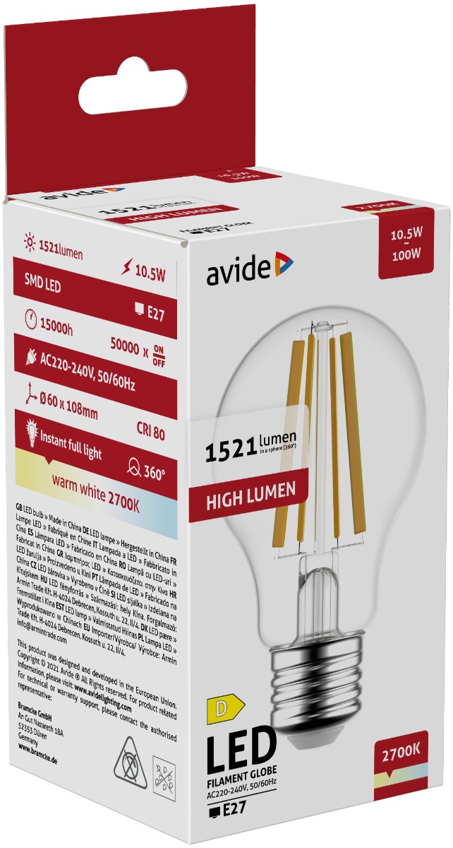 Avide LED Filament Κοινή 10.5W E27 A65 360° Θερμό 2700K Υψηλής Φωτεινότητας Avide LED Filament Κοινή 10.5W E27 A65 360° Θερμό 2700K Υψηλής Φωτεινότητας