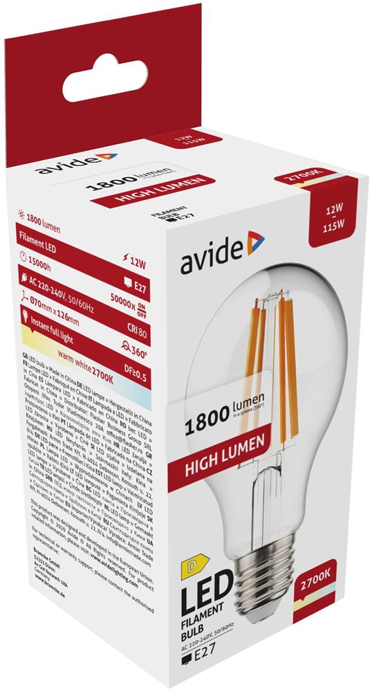 Avide LED Filament Κοινή 12W E27 A65 360° Θερμό 2700K Υψηλής Φωτεινότητας Avide LED Filament Κοινή 12W E27 A65 360° Θερμό 2700K Υψηλής Φωτεινότητας