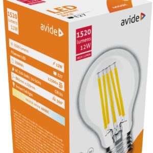 Avide LED Filament Κοινή 12W E27 A65 360° Λευκό 4000K Υψηλής Φωτεινότητας