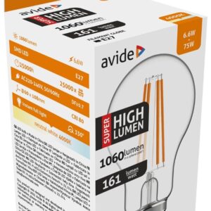 Avide LED Filament Κοινή 6.6W E27 A60 Λευκό 4000K Super Υψηλής Φωτεινότητας