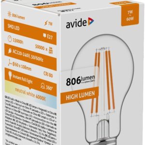 Avide LED Filament Κοινή 7W E27 Λευκό 4000K