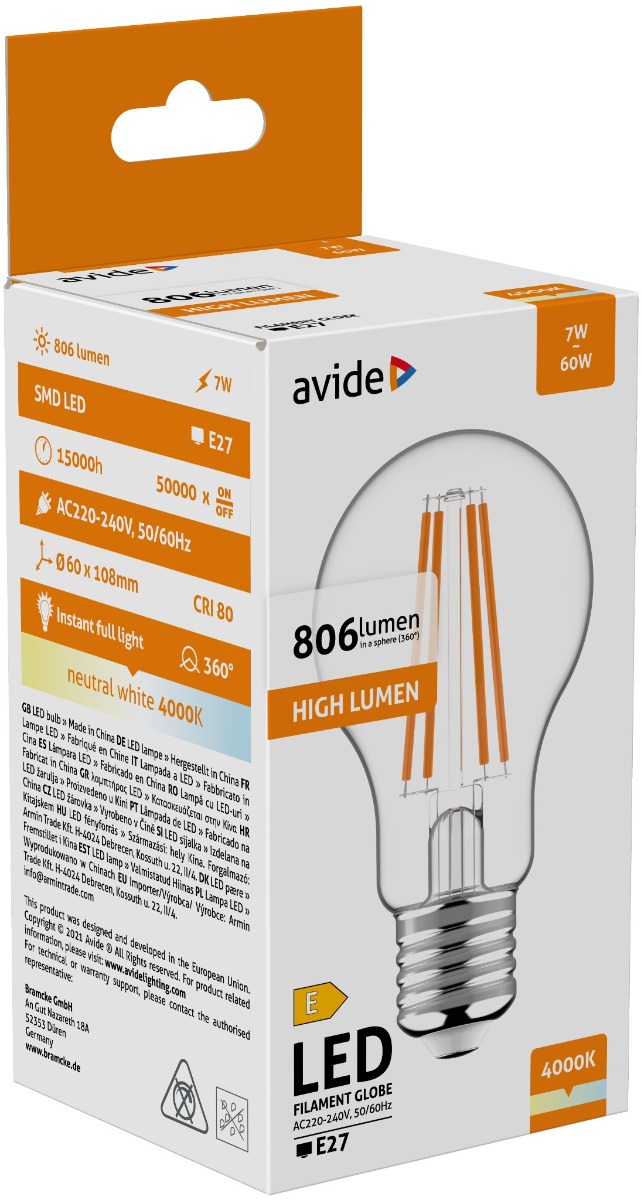 Avide LED Filament Κοινή 7W E27 Λευκό 4000K Avide LED Filament Κοινή 7W E27 Λευκό 4000K