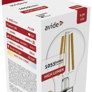 Avide LED Filament Κοινή 8.5W E27 Θερμό 2700K Υψηλής Φωτεινότητας
