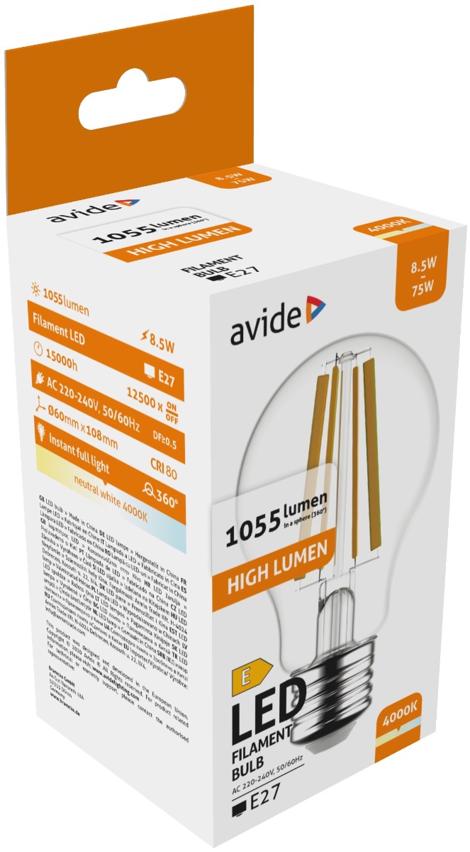 Avide LED Filament Κοινή 8.5W E27 Λευκό 4000K Υψηλής Φωτεινότητας Avide LED Filament Κοινή 8.5W E27 Λευκό 4000K Υψηλής Φωτεινότητας