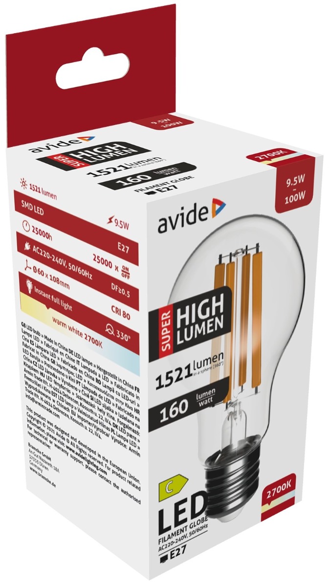 Avide LED Filament Κοινή 9.5W E27 A60 Θερμό 2700K Super Υψηλής Φωτεινότητας Avide LED Filament Κοινή 9.5W E27 A60 Θερμό 2700K Super Υψηλής Φωτεινότητας