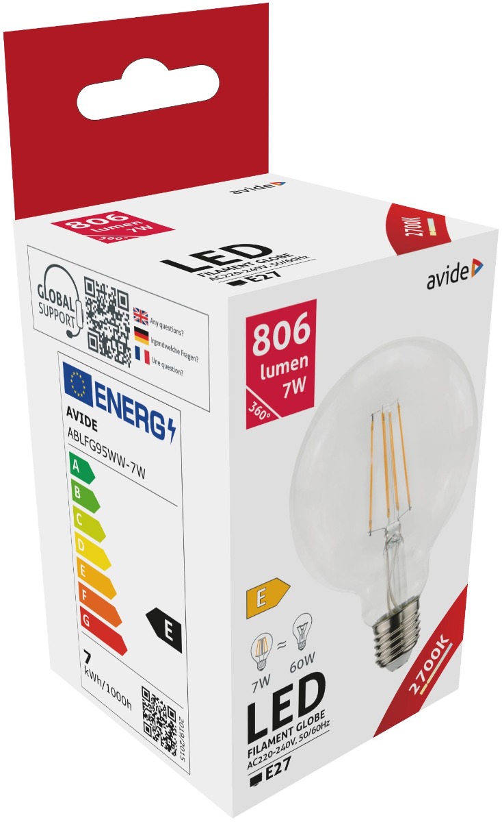 Avide LED Filament Κοινή G95 7W E27 360° Θερμό 2700K Avide LED Filament Κοινή G95 7W E27 360° Θερμό 2700K