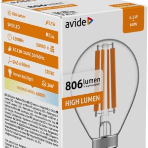 Avide LED Filament Σφαιρική 6.5W E14 Λευκό 4000K Υψηλής Φωτεινότητας