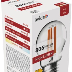 Avide LED Filament Σφαιρική 6.5W E27 Θερμό 2700K Υψηλής Φωτεινότητας