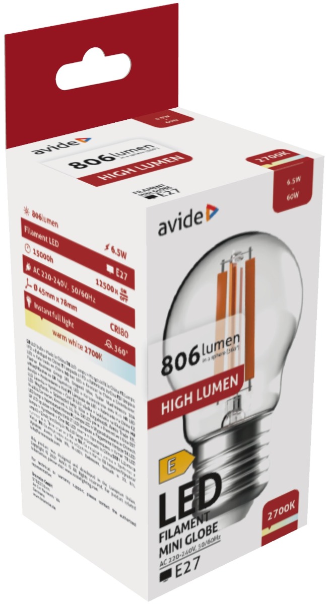 Avide LED Filament Σφαιρική 6.5W E27 Θερμό 2700K Υψηλής Φωτεινότητας Avide LED Filament Σφαιρική 6.5W E27 Θερμό 2700K Υψηλής Φωτεινότητας