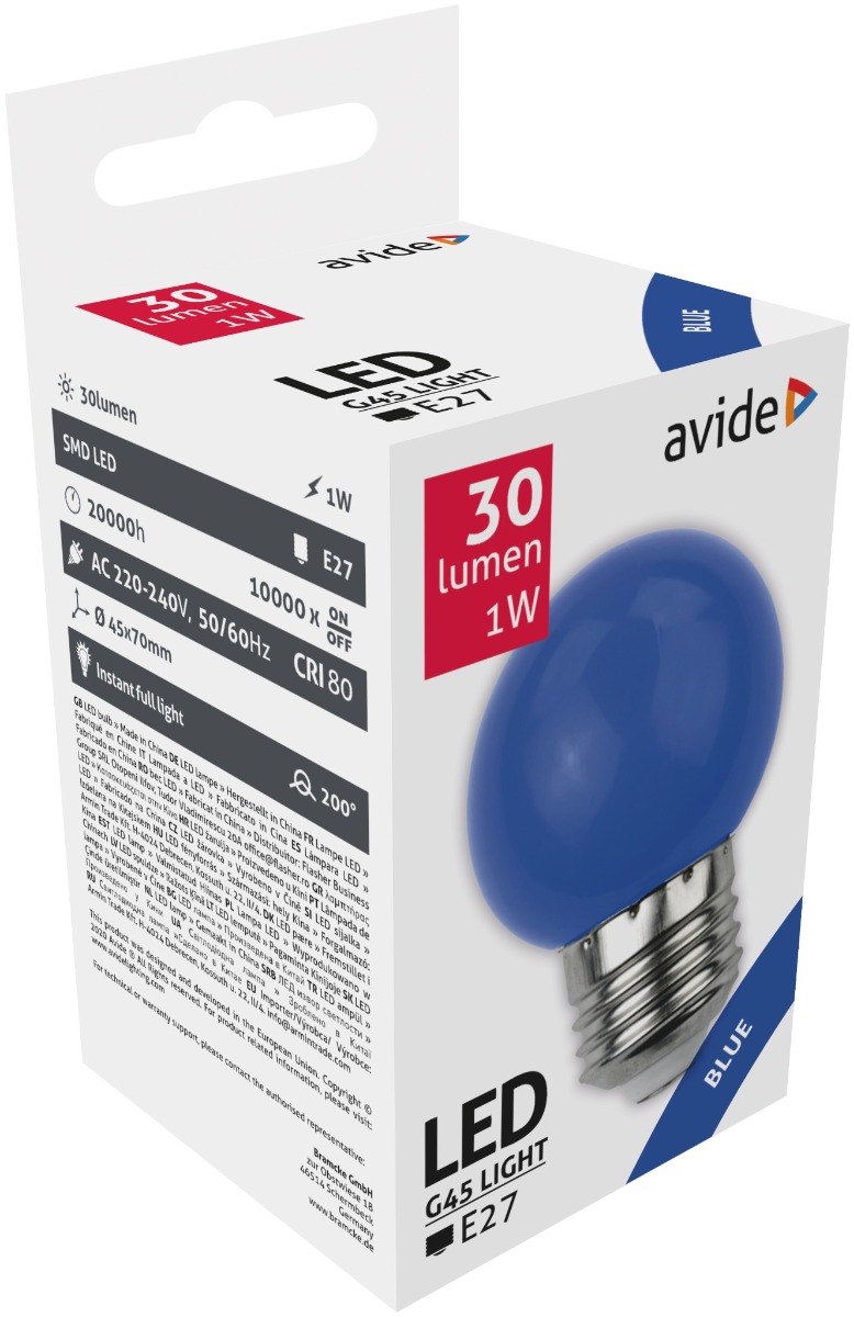 Avide LED Διακοσμητική Λάμπα G45 1W E27 Μπλέ Avide LED Διακοσμητική Λάμπα G45 1W E27 Μπλέ
