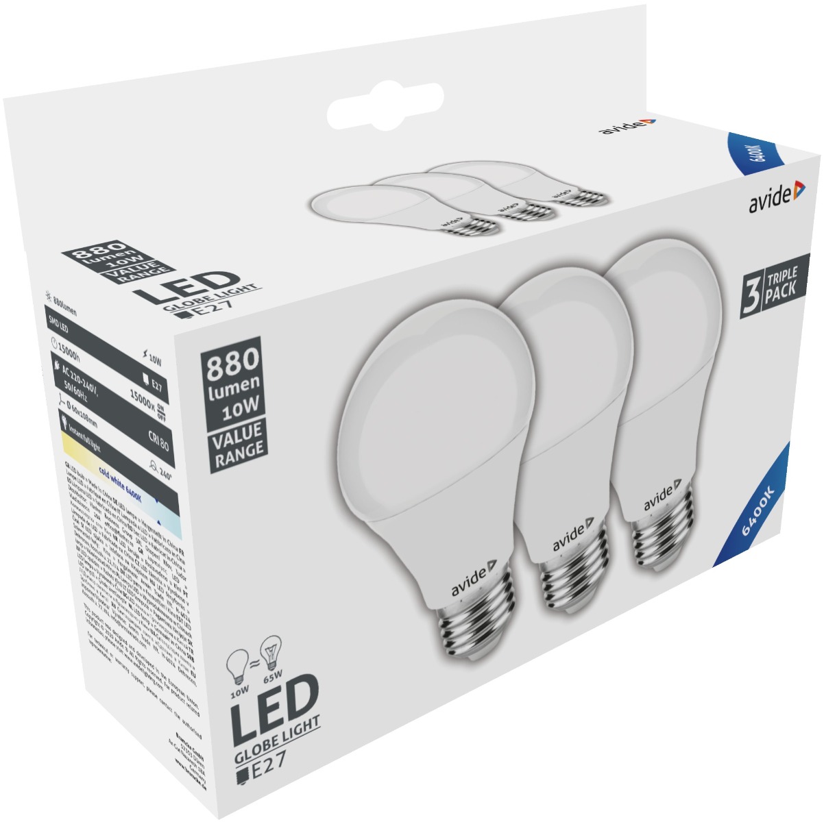 Avide LED Κοινή 10W E27 Ψυχρό 6400K Value 3τμχ Avide LED Κοινή 10W E27 Ψυχρό 6400K Value 3τμχ