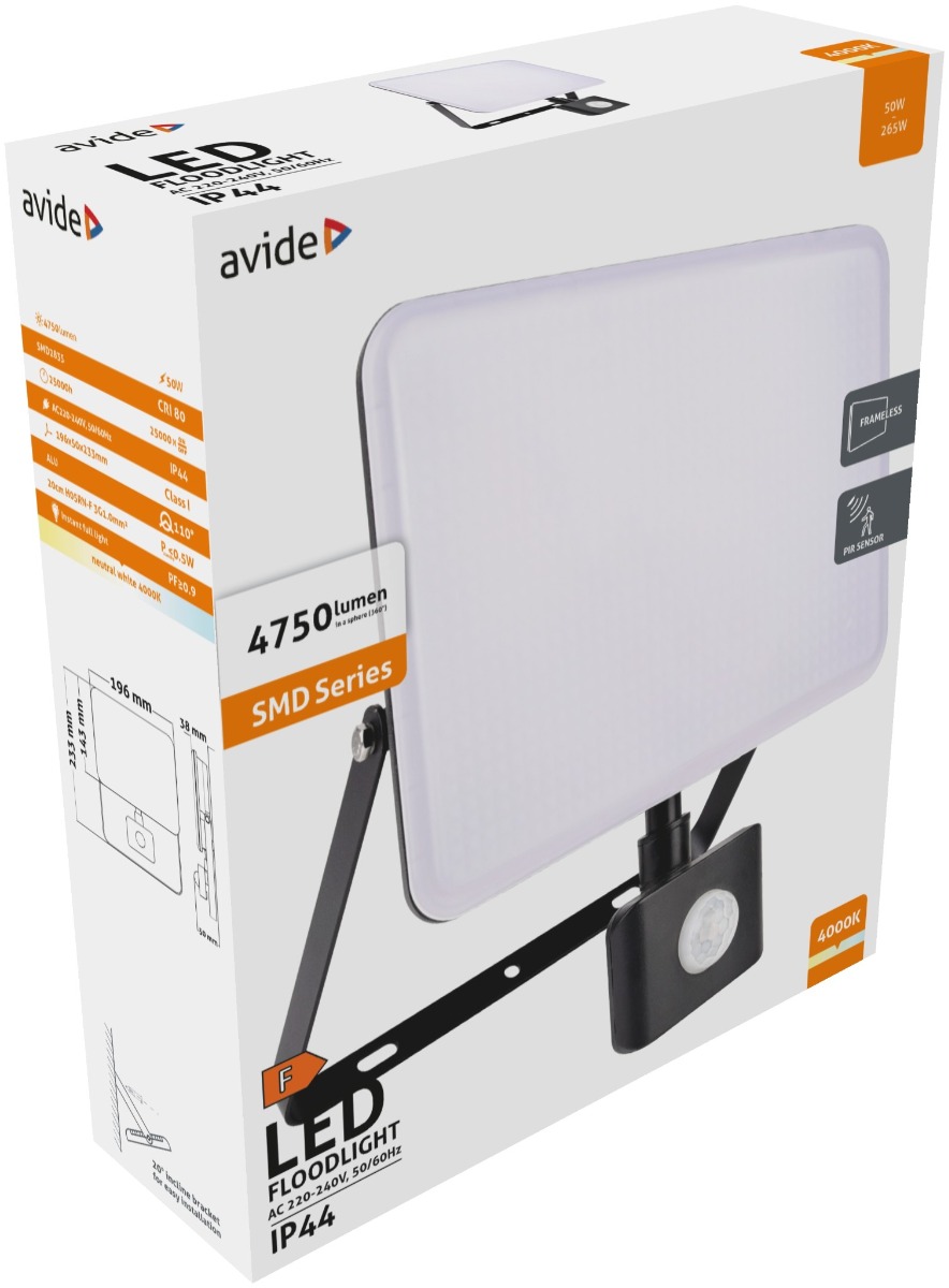 Avide LED Προβολέας Slim SMD Framelesss 50W Λευκό 4000K Φωτοκύτταρο Avide LED Προβολέας Slim SMD Framelesss 50W Λευκό 4000K Φωτοκύτταρο