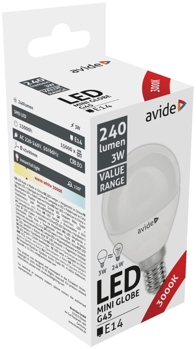 Avide LED Σφαιρική 3W E14 Θερμό 3000K Value Avide LED Σφαιρική 3W E14 Θερμό 3000K Value