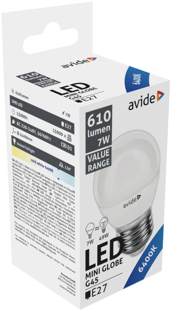 Avide LED Σφαιρική 7W E27 Ψυχρό 6400K Value Avide LED Σφαιρική 7W E27 Ψυχρό 6400K Value