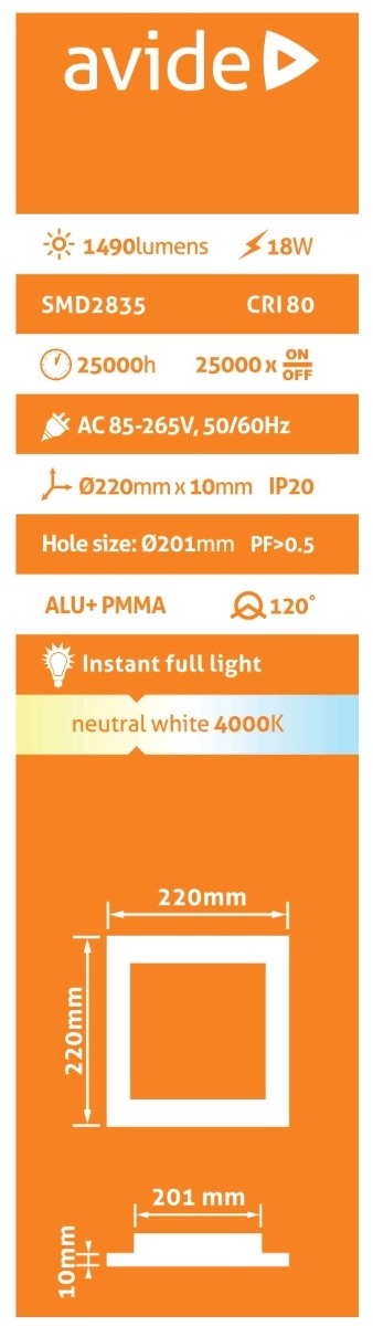 Avide LED Φωτιστικό Οροφής Χωνευτό Τετράγωνο Αλουμίνιο 18W Λευκό 4000K Avide LED Φωτιστικό Οροφής Χωνευτό Τετράγωνο Αλουμίνιο 18W Λευκό 4000K - Image 3