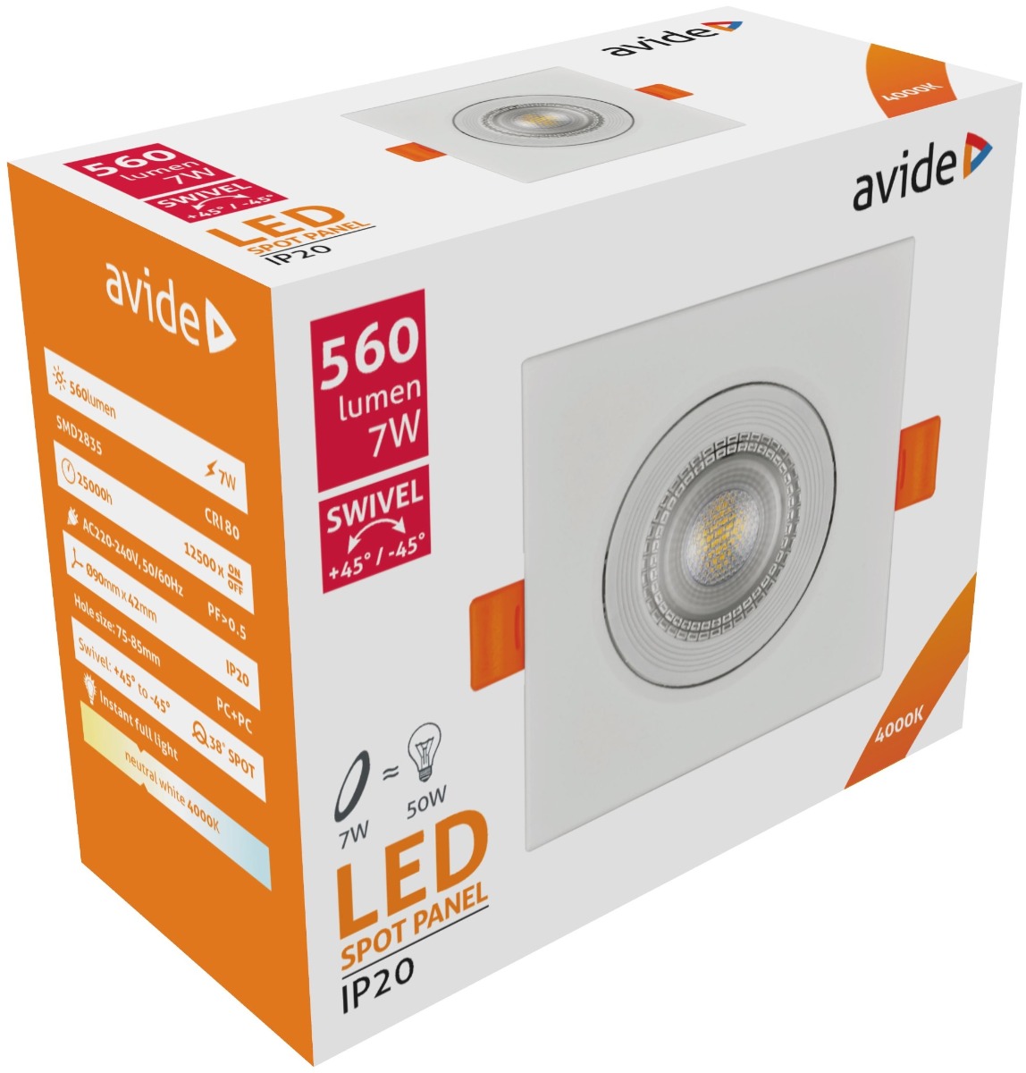 Avide LED Χωνευτό Σπότ 38° Τετράγωνο 7W Λευκό 4000K Avide LED Χωνευτό Σπότ 38° Τετράγωνο 7W Λευκό 4000K