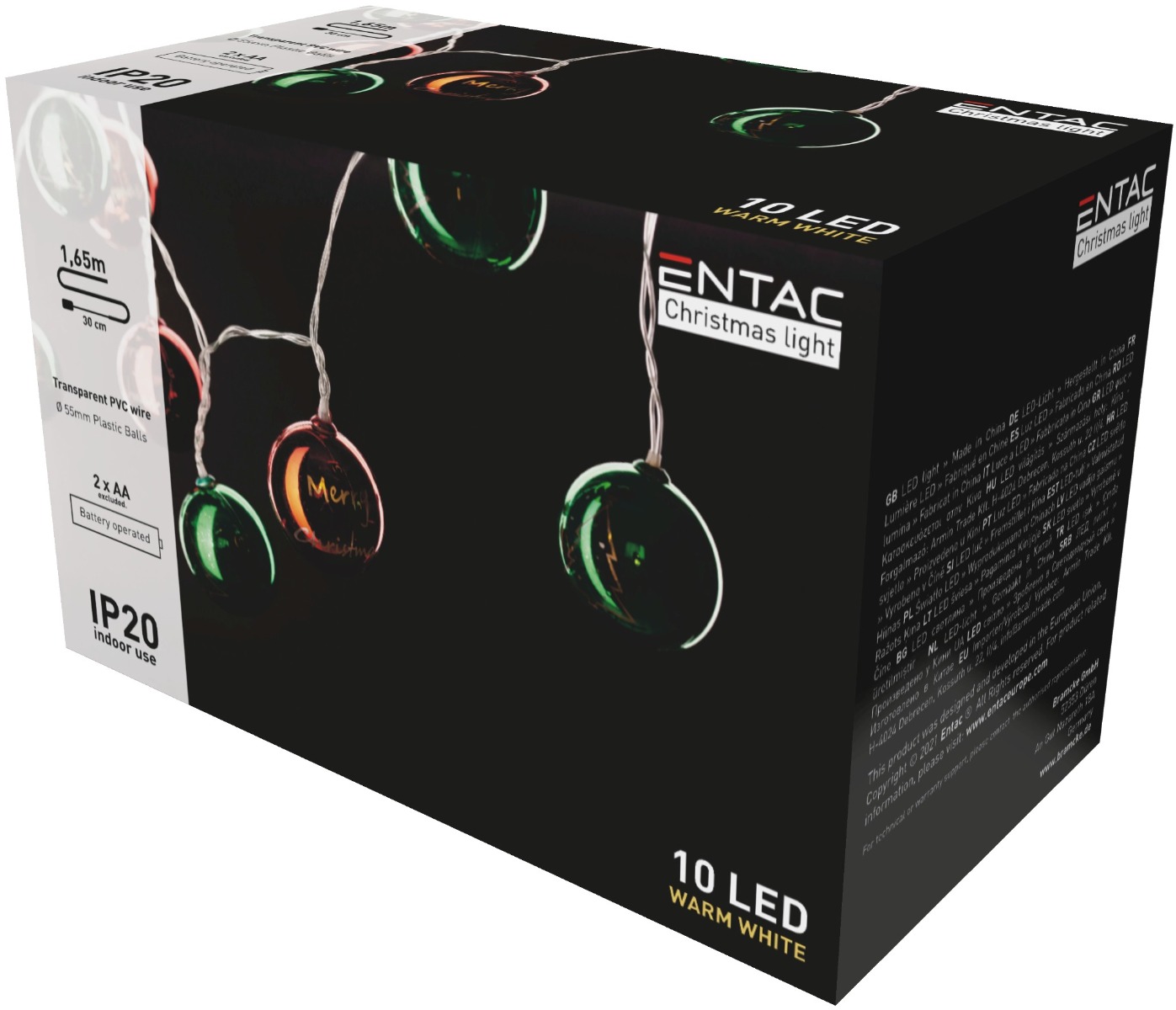 Entac Χριστουγεννιάτικα Εσωτερικά Χρωματιστές Μπάλες 55mm 10 LED Θερμό 1,65μ Entac Χριστουγεννιάτικα Εσωτερικά Χρωματιστές Μπάλες 55mm 10 LED Θερμό 1